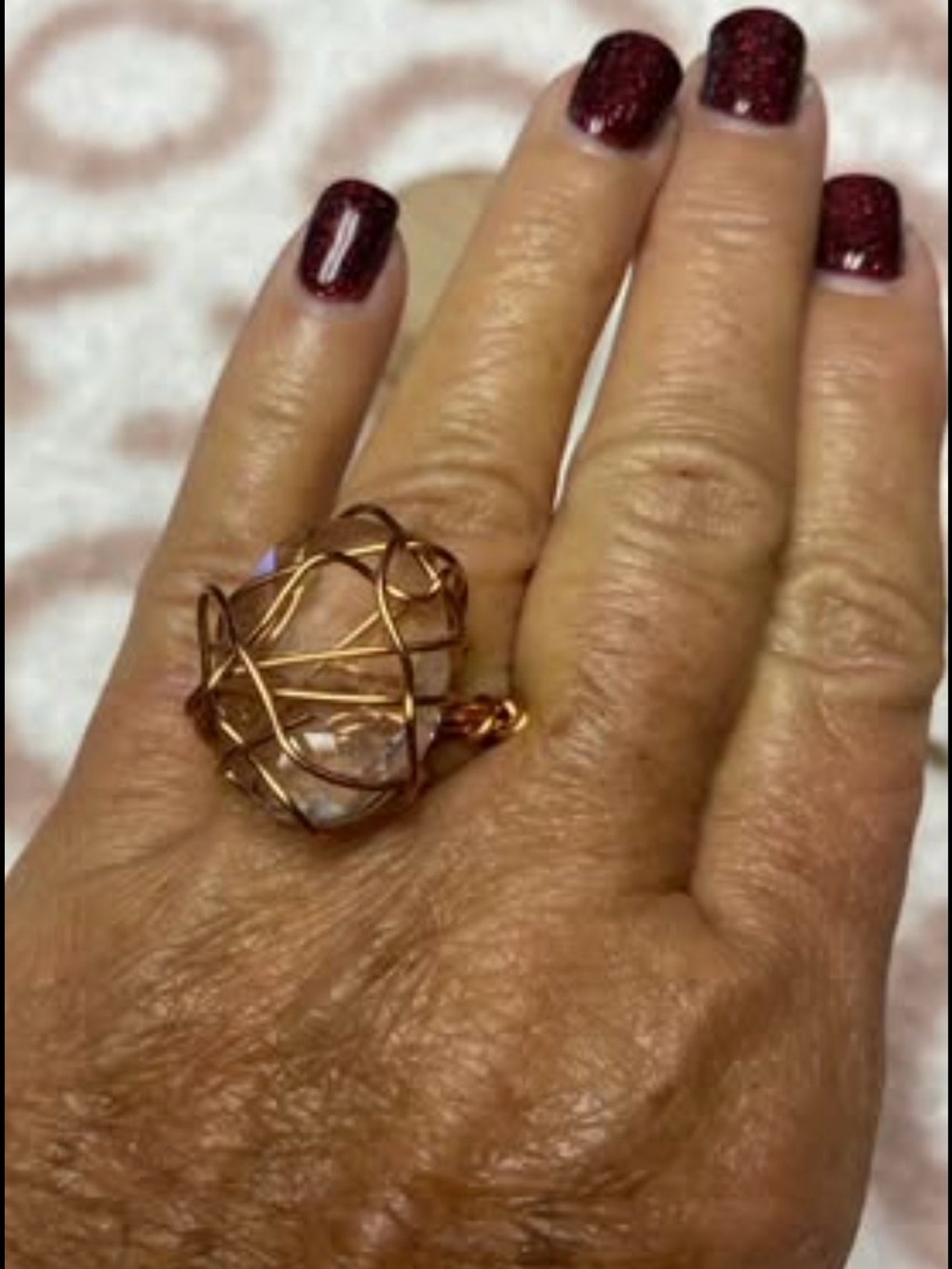 Large Clear Quartz Gold Copper Wire Wrapped Ring  Size 6.5/7
